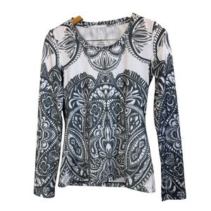 Prana Women’s Breathe Gray White Patterned Athletic Long Sleeve T sz S